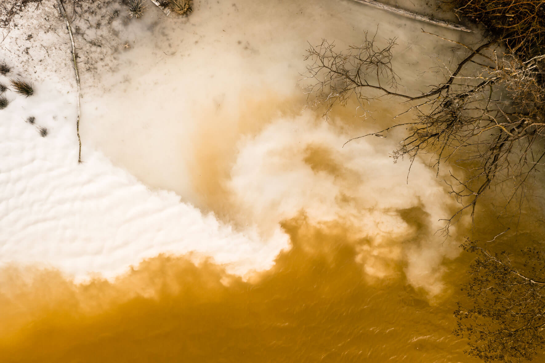 Yellow colored lake with chalk water and trees