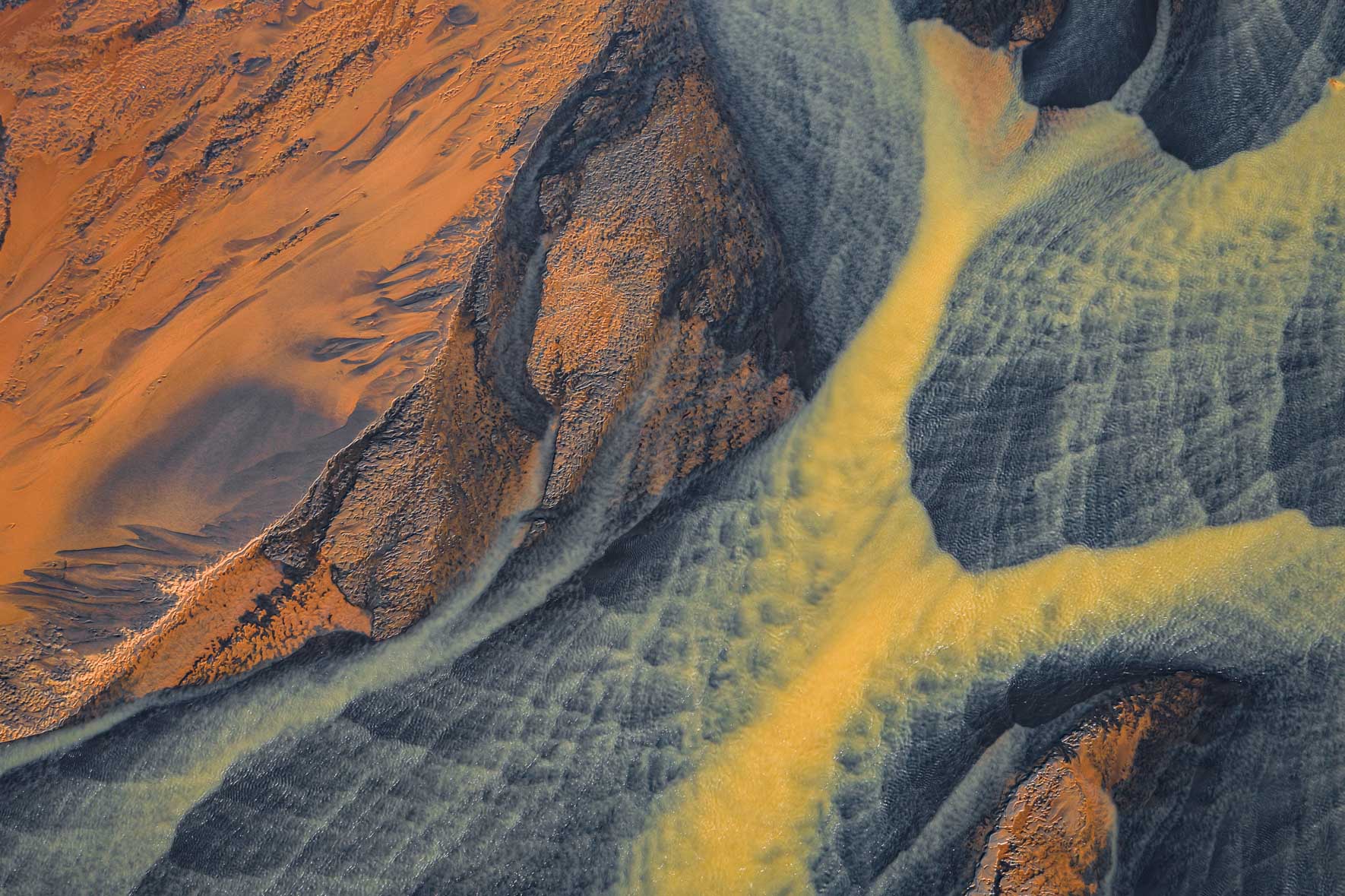 Aerial photograph of colorful glacier river in Iceland