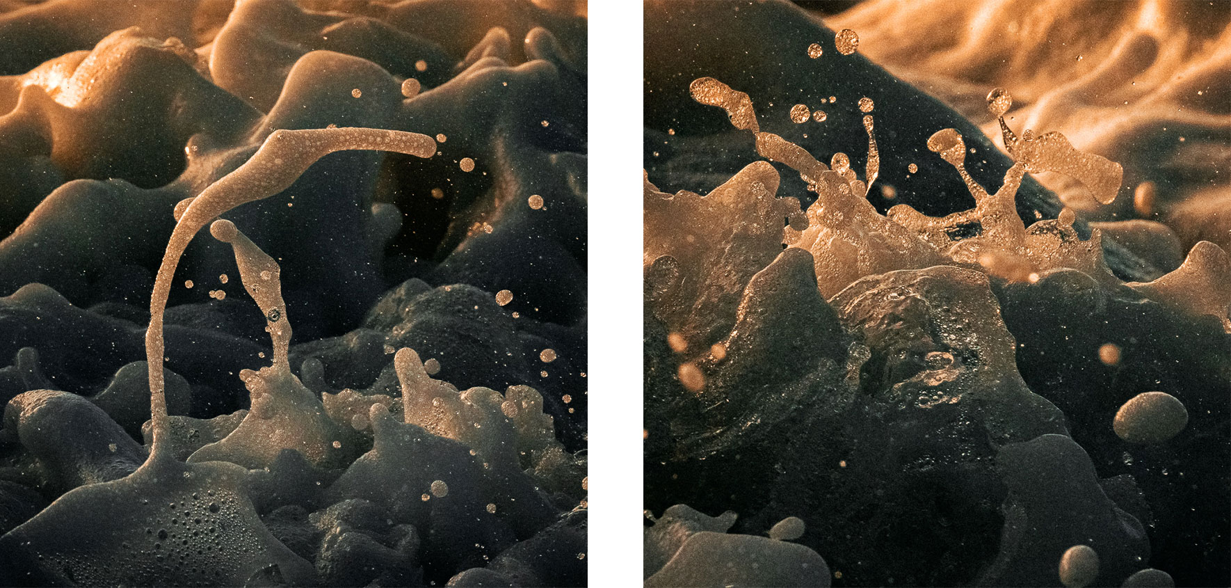 Close-ups of Splashing Waves in Warm Sunset Colors