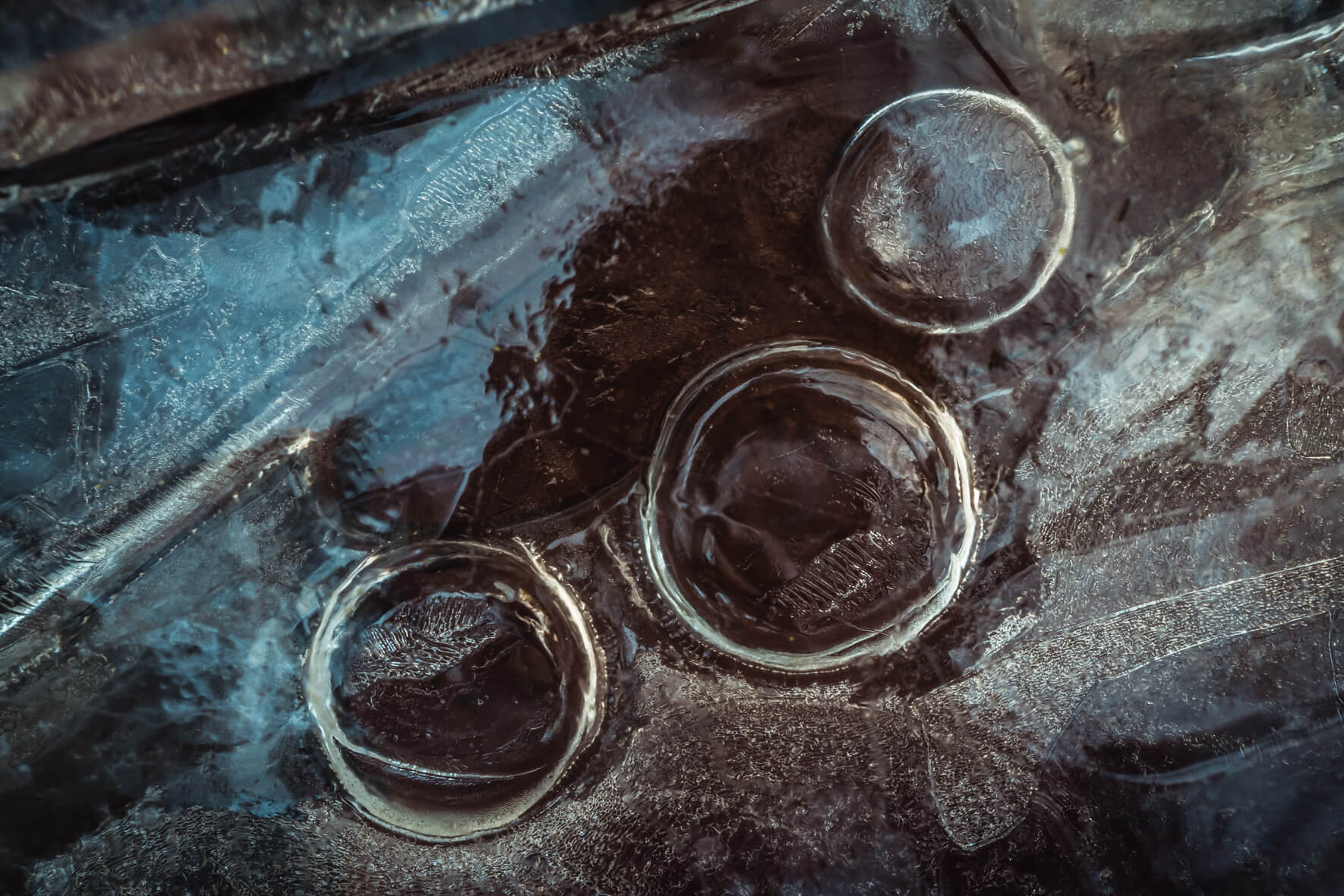 Winter Macro Photography of Frozen Air Bubbles in Small Creek