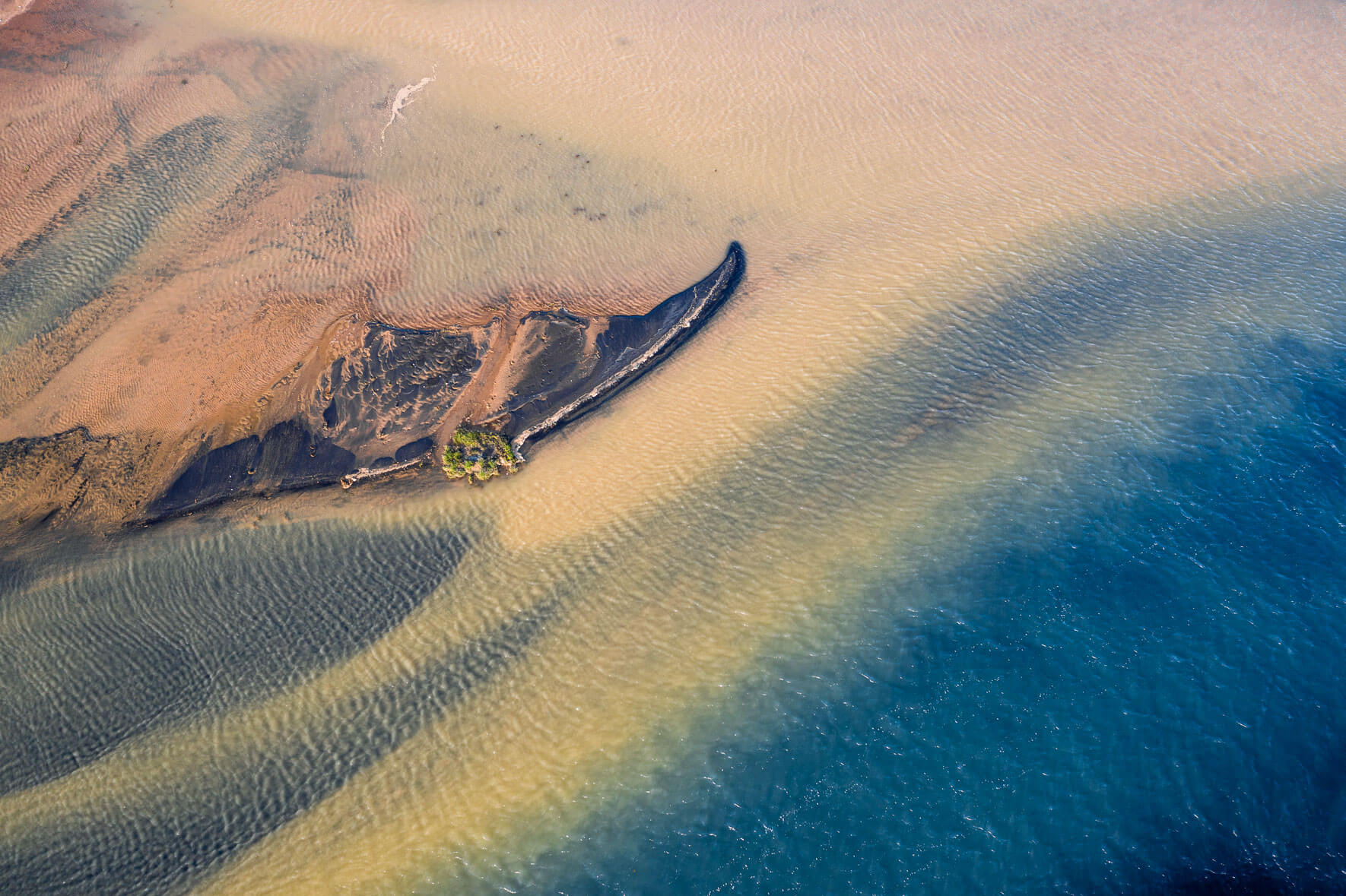 Abstract aerial view of Holsa river on the south coast of Iceland with small sandbanks
