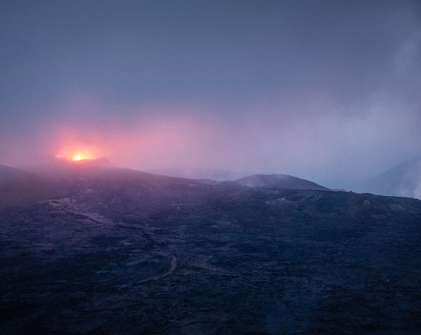 The crater of Fagradalsfjall volcano in Iceland covered in steam