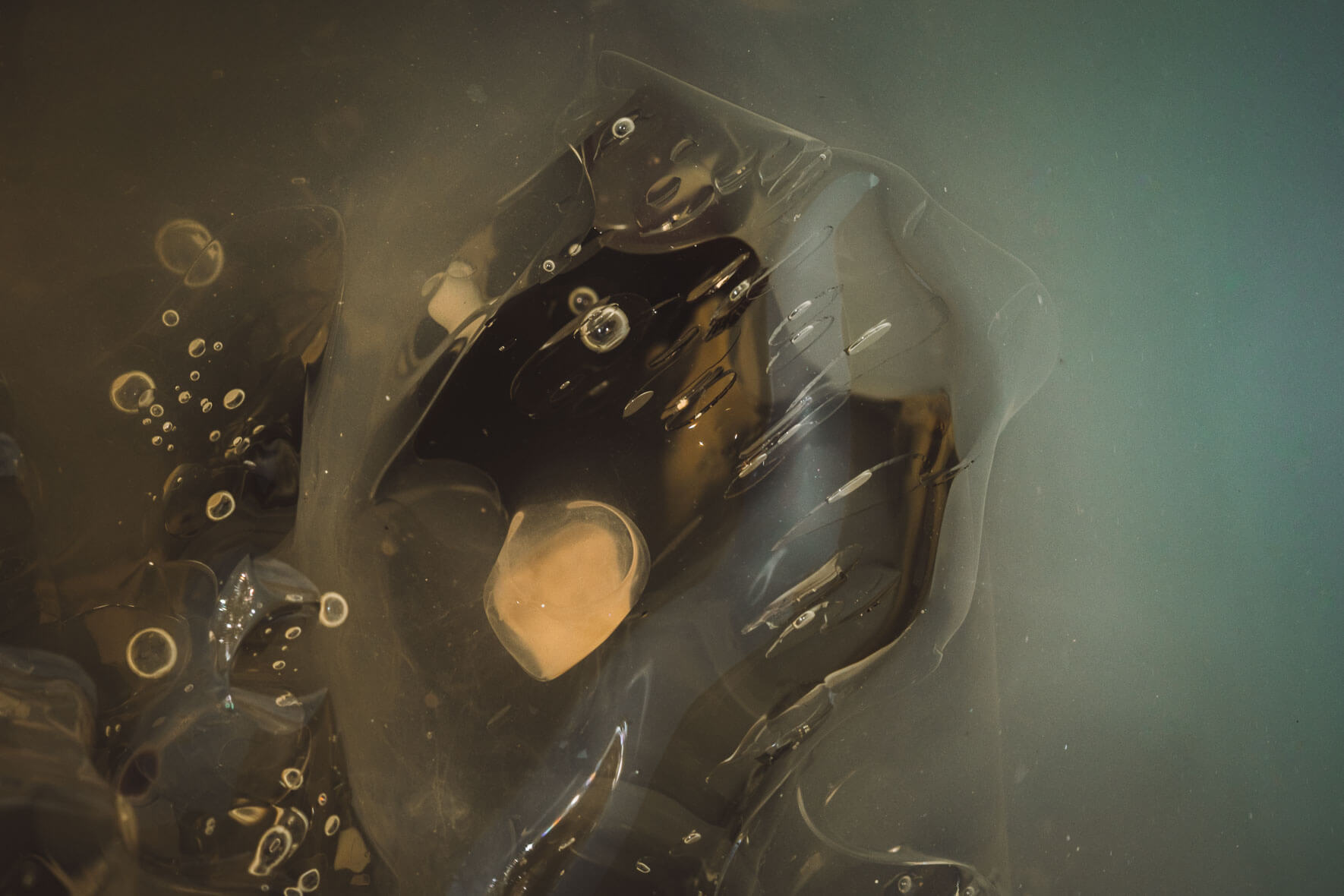 Abstract macro photography of glacier ice with air inclusions in Iceland at Heinabergslón glacier