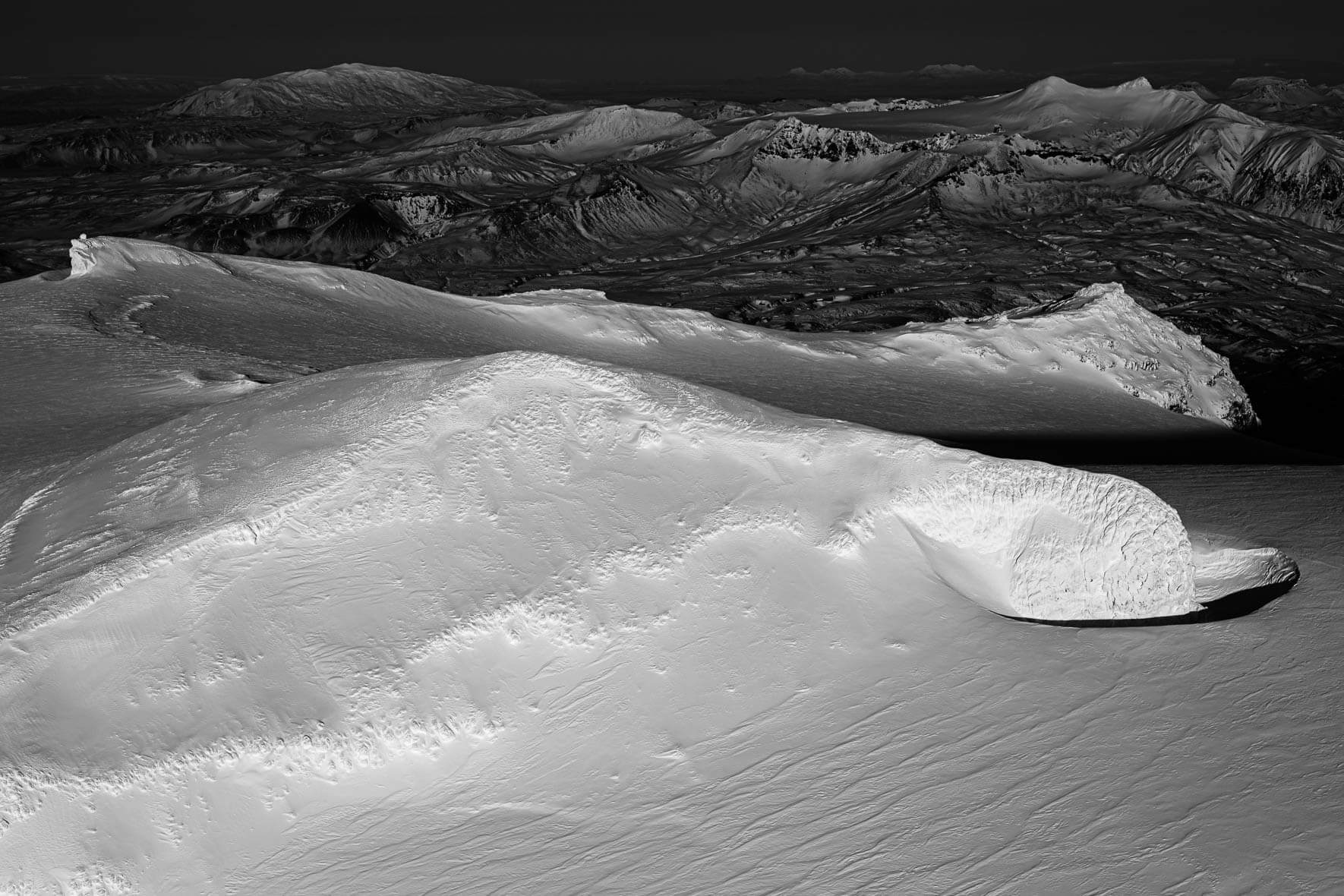 Black and white aerial photograph of Mýrdalsjökull summit in Iceland