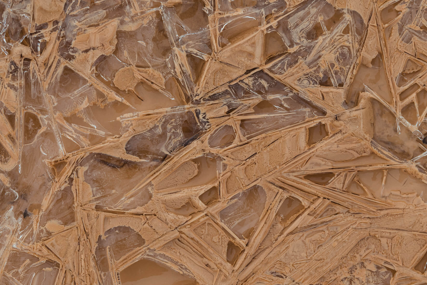 Macro photography of ice crystals in a frozen and muddy creek