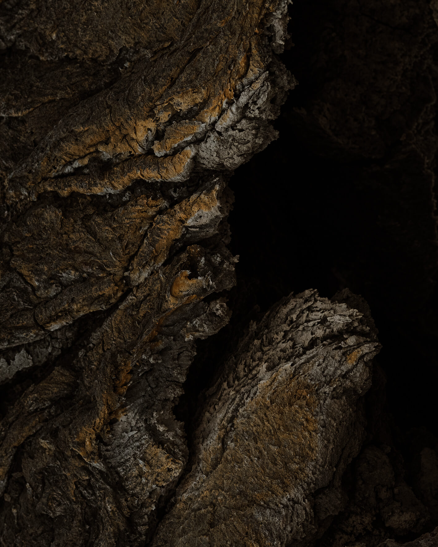 Cooled lava of Fagradalsfjall volcano in Iceland with yellow rocks