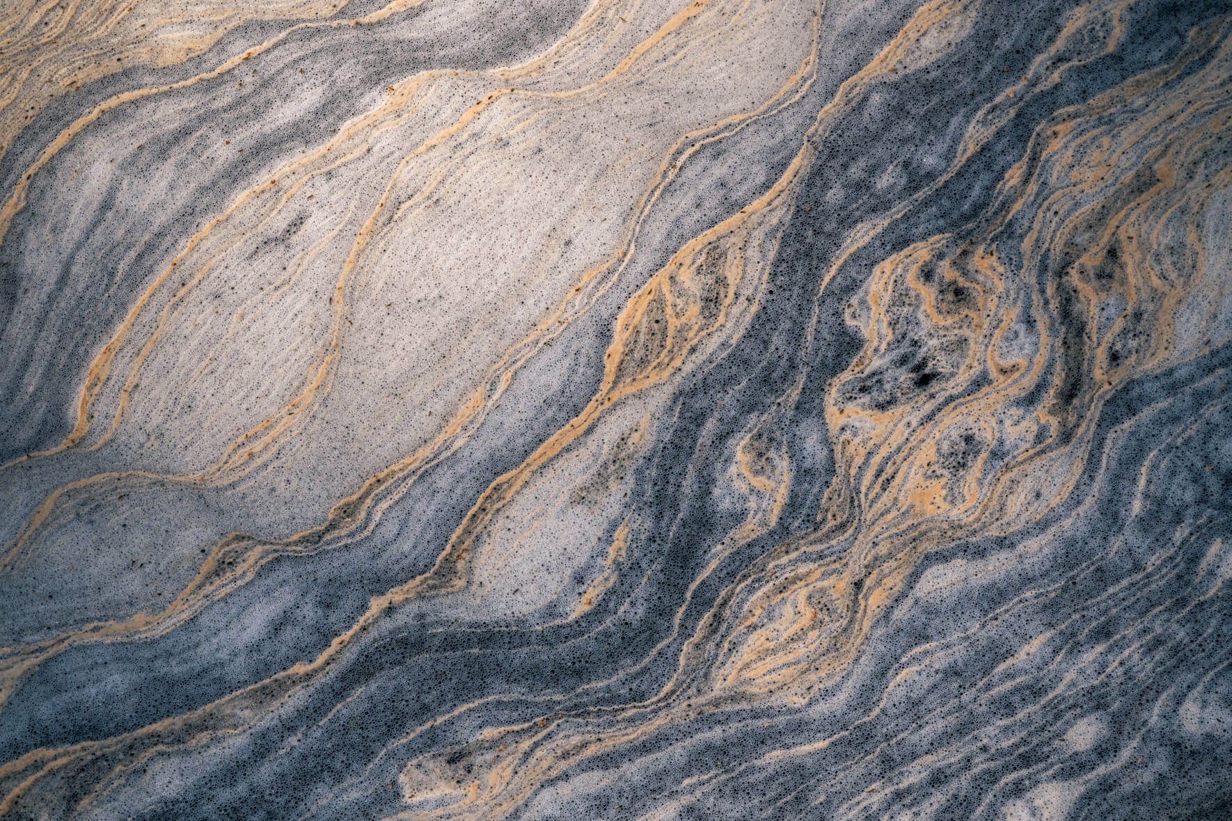 Abstract textures formed by pollen on a stream resembling Jupiter’s atmosphere
