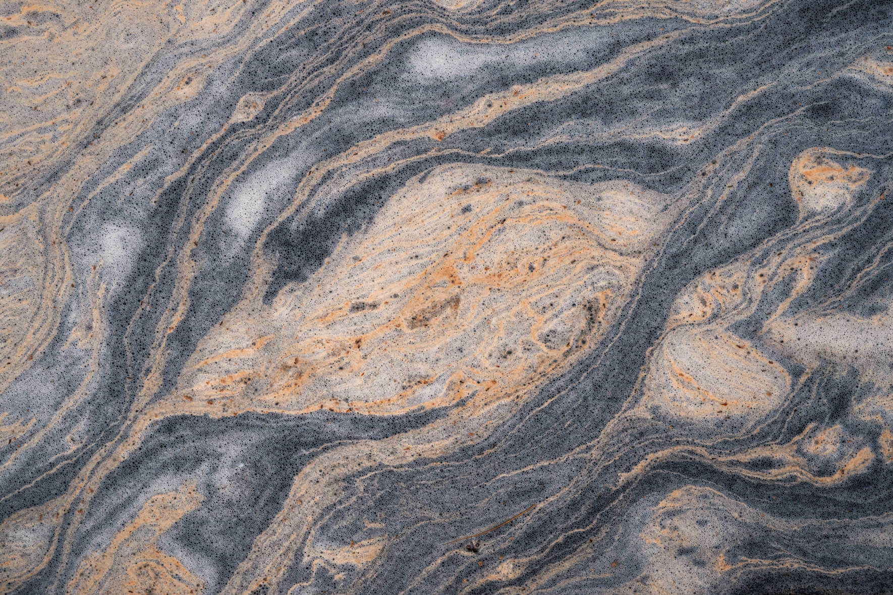 Swirling natural formations of tree pollen on a Norwegian stream’s surface