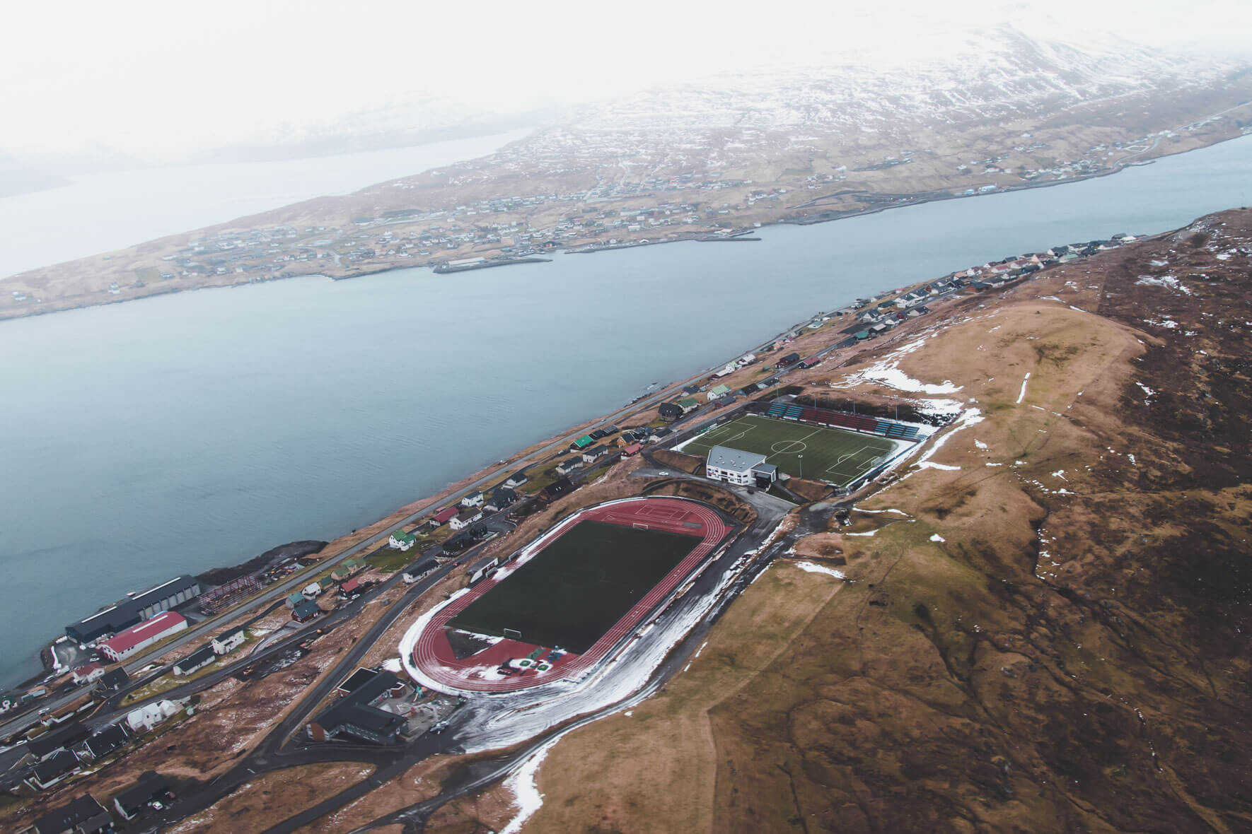 A football field on the Faroe Islands seen from the air