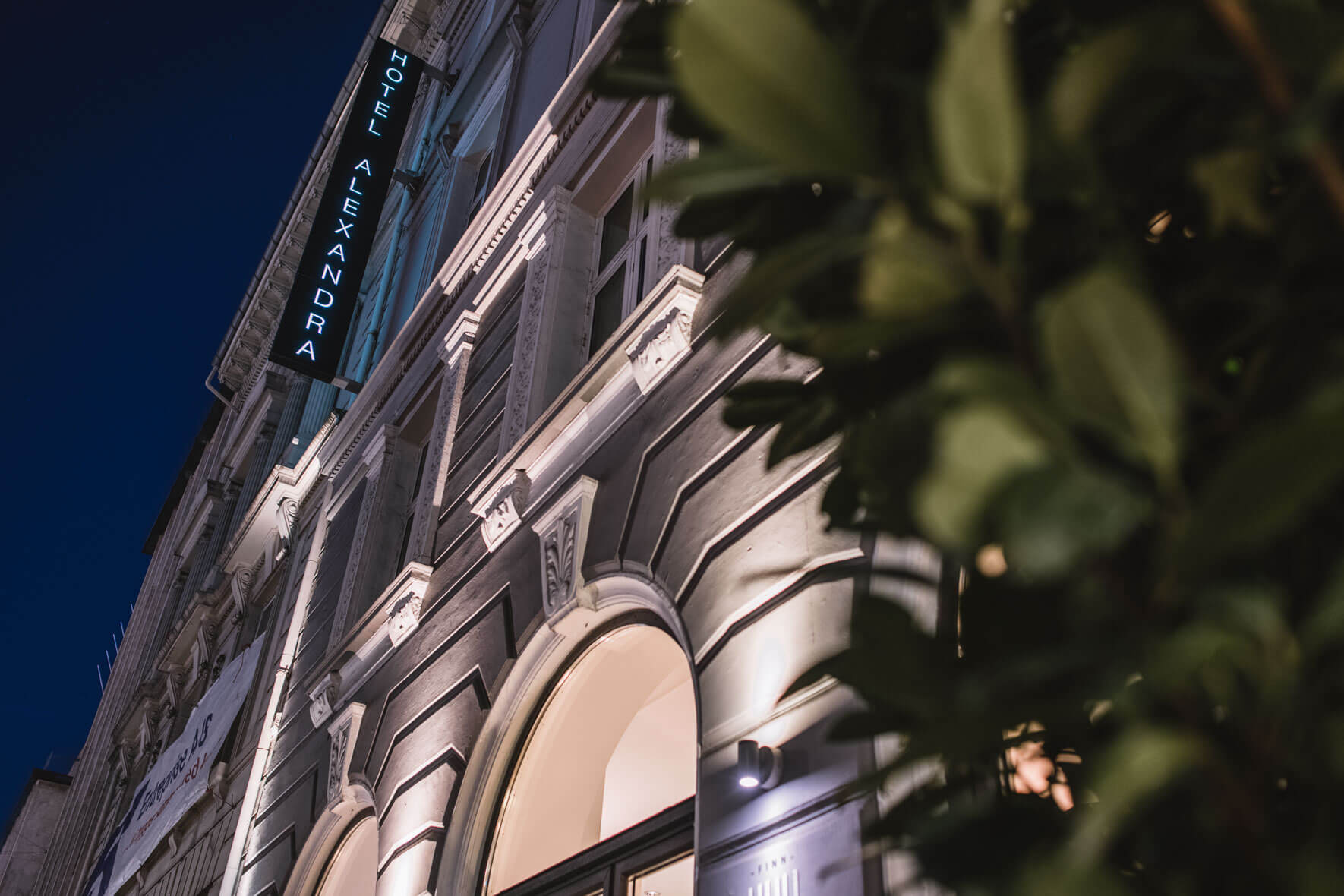 Exterior details of Hotel Alexandra in Copenhagen at night