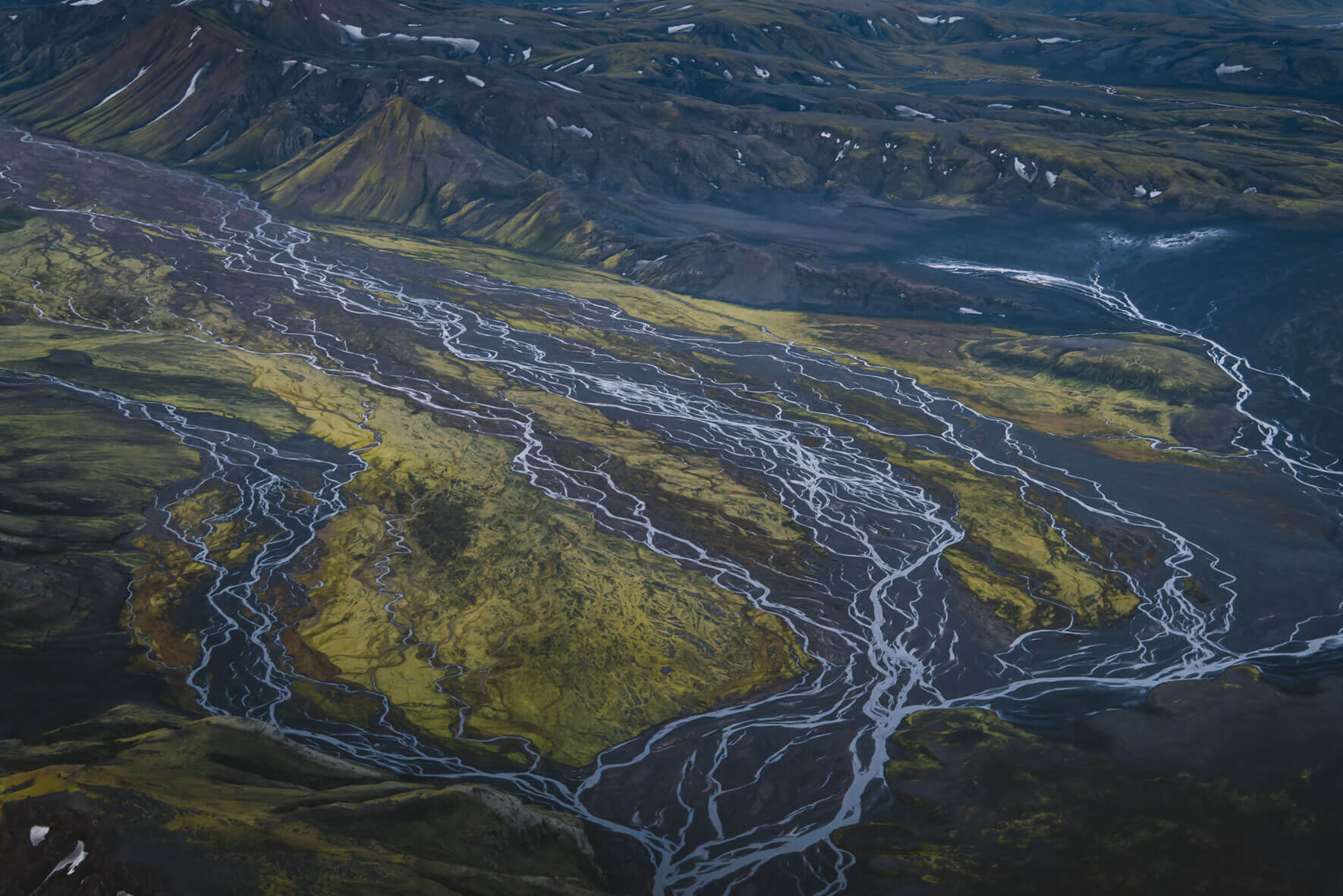 River delta in the highlands of Iceland seen from a plane