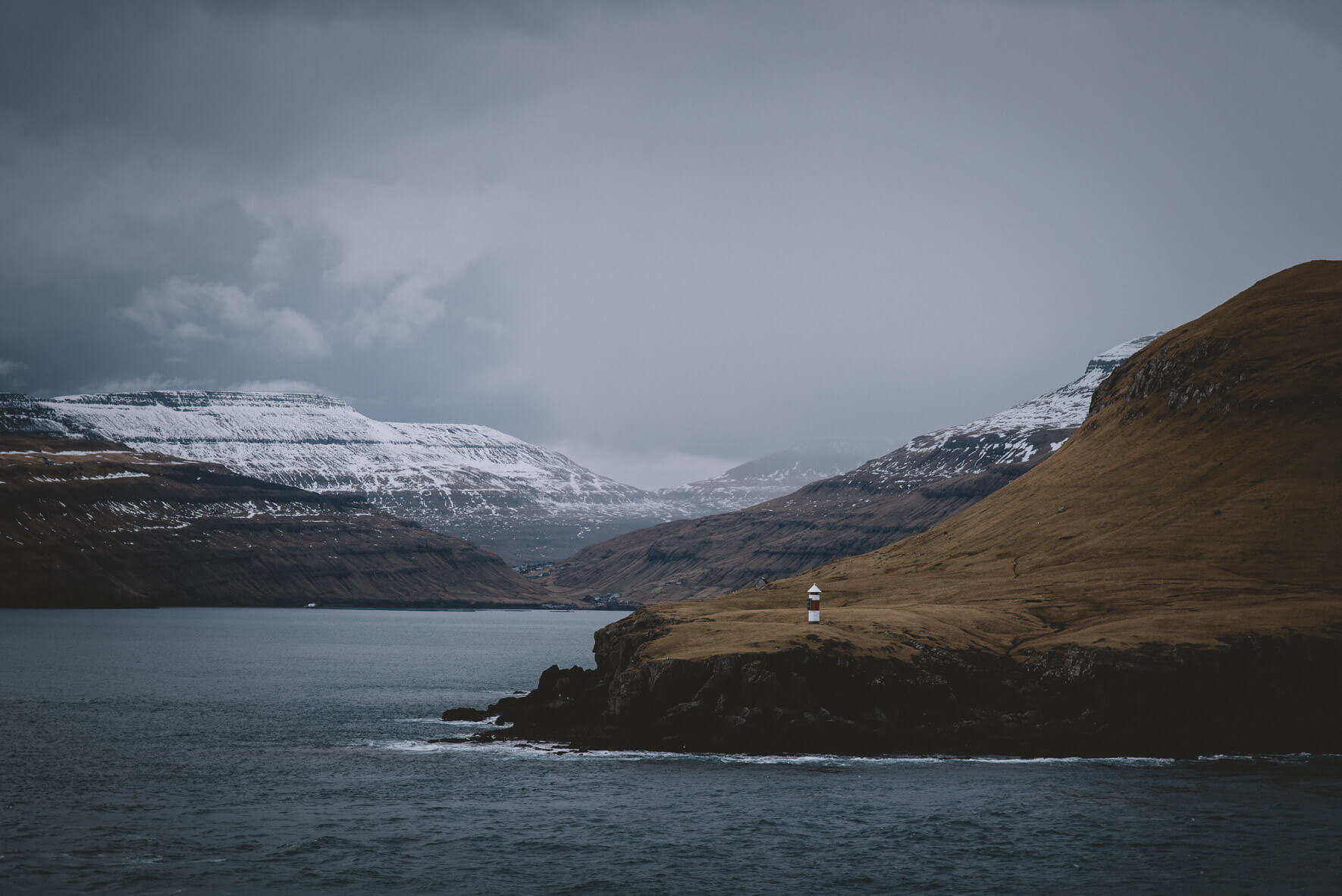 Coastline of the Faroe Islands with small lighthouse