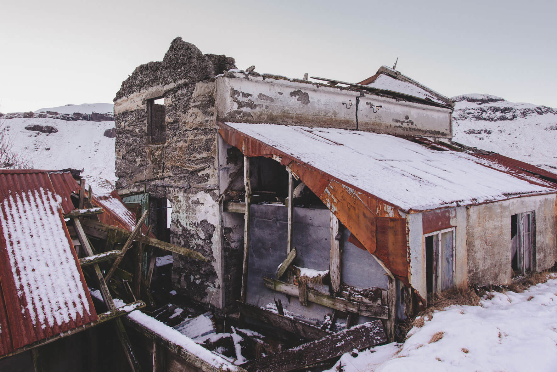 Ruin of old farm in winter landscape on the south coast of Iceland