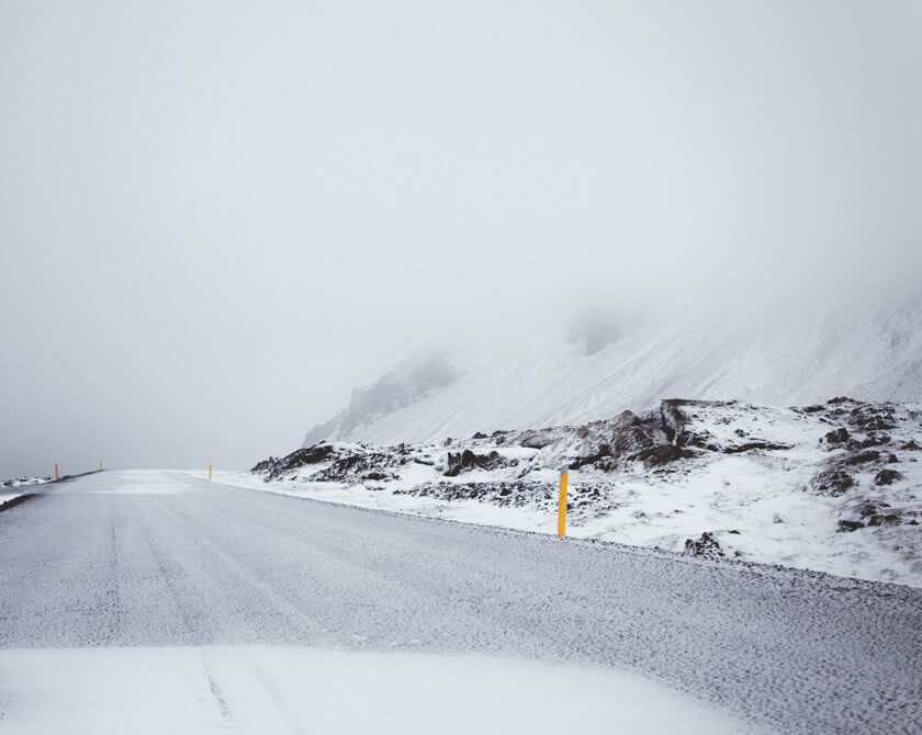 Snowy winter roads in the Westfjords of Iceland