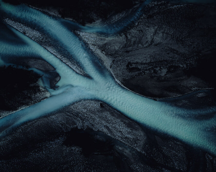 Abstract aerial photography of glacier river in Norway