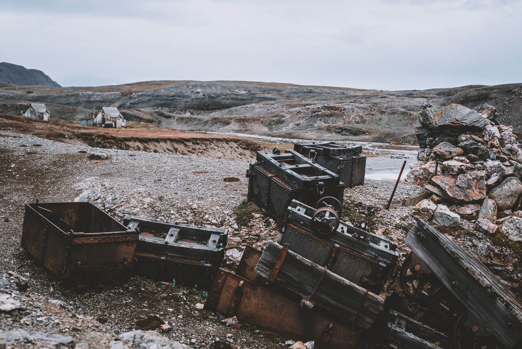 Rusted lorries from the old marble mine at Camp Mansfield (New London/Ny-London, Svalbard)