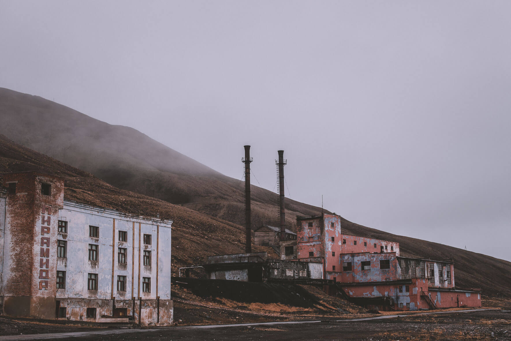 Abandoned power plant of the Russian coal-mining settlement Pyramiden on the archipelago of Svalbard, Norway